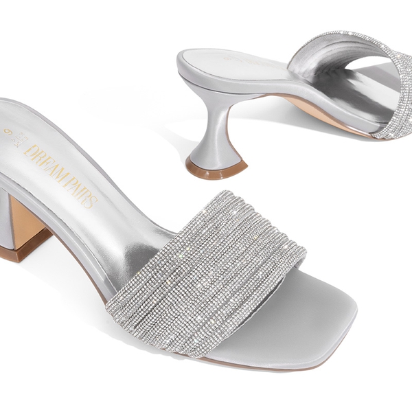 Rhinestone Flared Heel Sandals - SILVER - 3